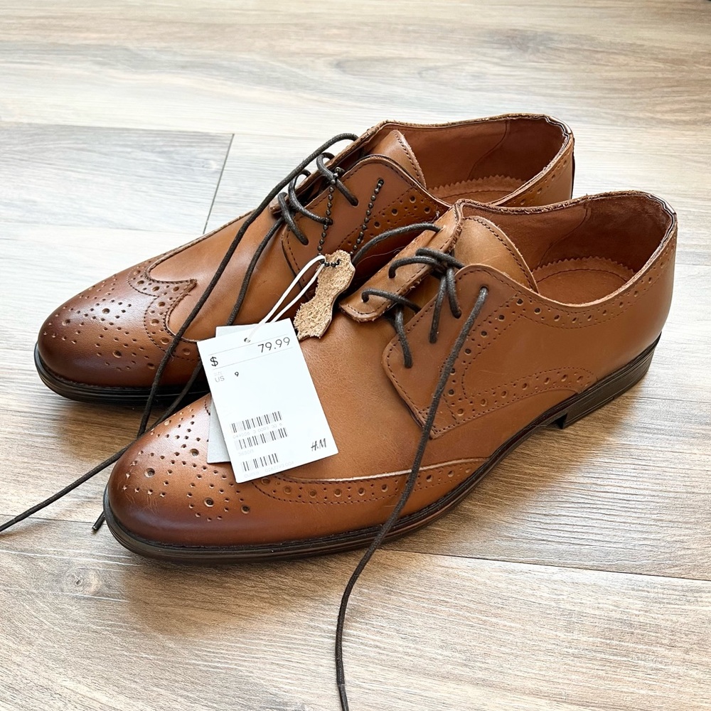 NWT H&M Real Leather Men’s Dress Shoes Size 42 EU Men’s 9 Cognac Brown Lace Up